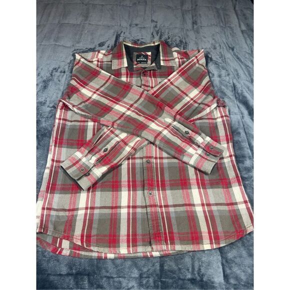 Prana Men’s Flannel Shirt Red‎ Gray Flannel Sz M Button Up Outdoor Gorpcore Hike - Picture 2 of 7